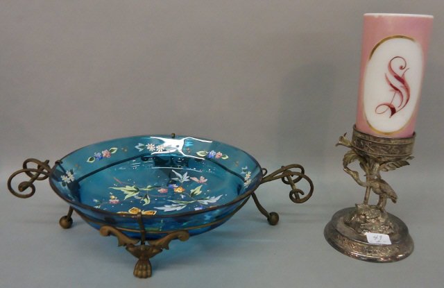 TWO PCS. VICTORIAN ART GLASS: TWO PCS: VICTORIAN BLUE ART GLASS BOWL WITH HAND ENAMELLED DESIGN OF BUTTERFLY & FLOWERS; TOGETHER WITH A MILK GLASS BUD VASE WITH FIGURAL SILVERPLATE BASE OF A CRANE