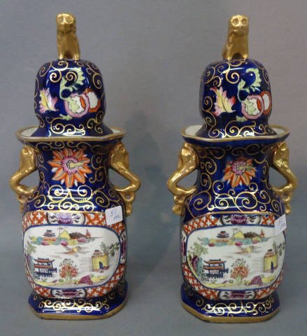 PAIR OF 19TH C. MASON'S IRONSTONE VASES 'JAPAN': PAIR OF 19TH C. MASON'S IRONSTONE VASES 'JAPAN' PATTERN ON COBALT; EACH WITH COVER & GILT LION FINIAL; 10" TALL
