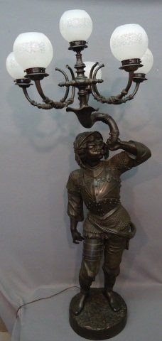 IMPRESSIVE FRENCH BRONZE FIGURAL NEWEL POST TOPPER: FRENCH BRONZE FIGURAL NEWEL POST TOPPER OF A SAXON WARRIOR; SIGNED CHARPENTIER, PARIS, ELECTRIFIED WITH FIVE LIGHTS AND FROSTED GLOBES; 59" TALL; MARBLE PEDASTLE THAT WAS MADE FOR IT WILL BE SOLD AS L