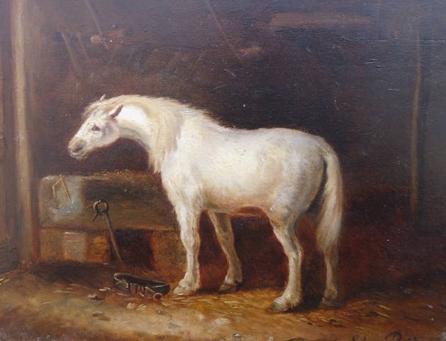 19TH C. OIL PAINTING OF A WHITE HORSE, LEON PETIT: 19TH C. OIL PAINTING ON BOARD OF A WHITE HORSE IN BARN; SIGNED LEON PETIT 1871(?); 7" X 9 1/2"