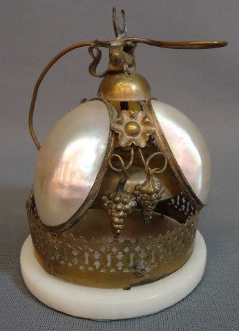 MOTHER OF PEARL AND ORMOLU DESK BELL: MOTHER OF PEARL AND ORMOLU DESK BELL MOUNTED ON A POLISHED MARBLE BASE; 5" TALL