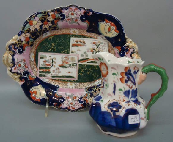 TWO PCS. IRONSTONE: MASON'S IRONSTONE 11" OVAL TRAY AND A GAUDY WELSH 5" PITCHER WITH SERPENT HANDLE
