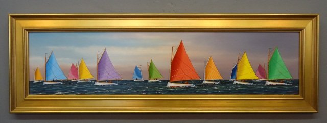 JEROME HOWES OIL PAINTING ON MASONITE: 'RAINBOW FLEET OFF NANTUCKET' 8"H X 32"W; (MASSACHUSETTS 1955- )