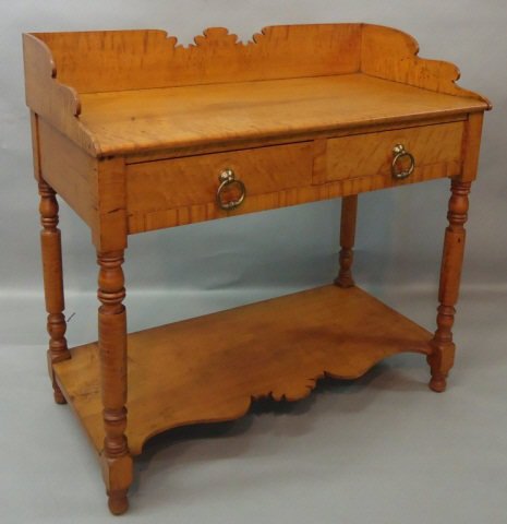 19TH C. FIGURED MAPLE DRESSING TABLE: WITH TWO DRAWERS, NICELY CUT-OUT BACKSPLASH AND LOWER SHELF