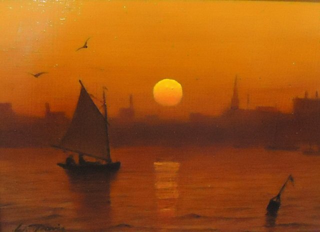 WILLIAM R DAVIS "SUNSET SAIL": OIL PAINTING ON MASSONITE; 6" X 8" (MASSACHUSETTS; 1952--)