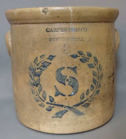 BLUE STENCIL DECORATED STONEWARE CROCK: 3 GALLON; CARPENTER & CO; PAWTUCKET, R.I.