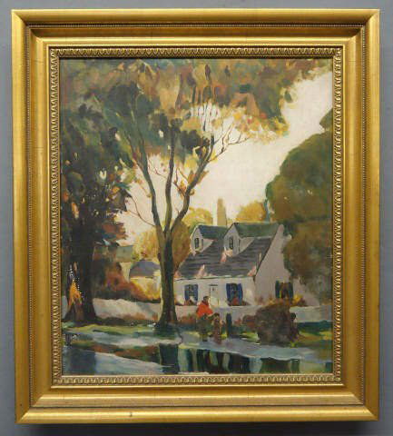 OIL PAINTING ON BOARD OF A TOWNSCAPE: WITH WHITE CAPE HOUSE; UNSIGNED BUT PAINTED IN THE STYLE OF ANTHONY THIEME (MASS/CA 1888-1954); 17 1/2" X 15"