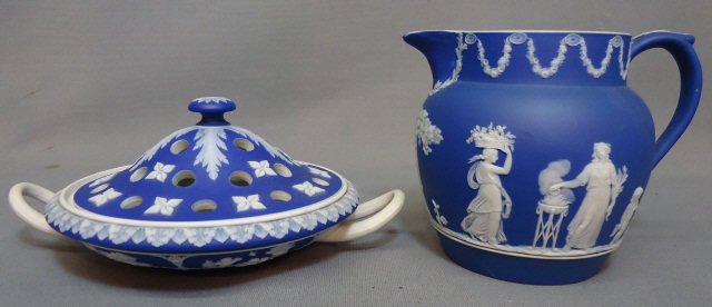WEDGWOOD DEEP BLUE JASPERWARE POTPOURRI: 6" DIA.; TOGETHER WITH A SMALL WDBJ PITCHER; 5" TALL
