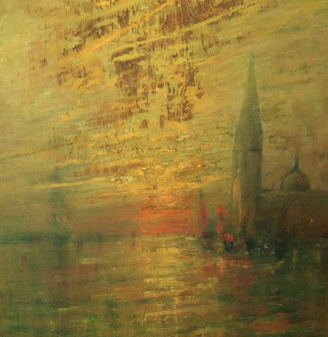 WILLIAM GEDNEY BUNCE OIL PAINTING ON PANEL: VENICE AT TWILIGHT; 27" X 16" (CONNECTICUT/ITALY 1840-1916); PAINT LOSS