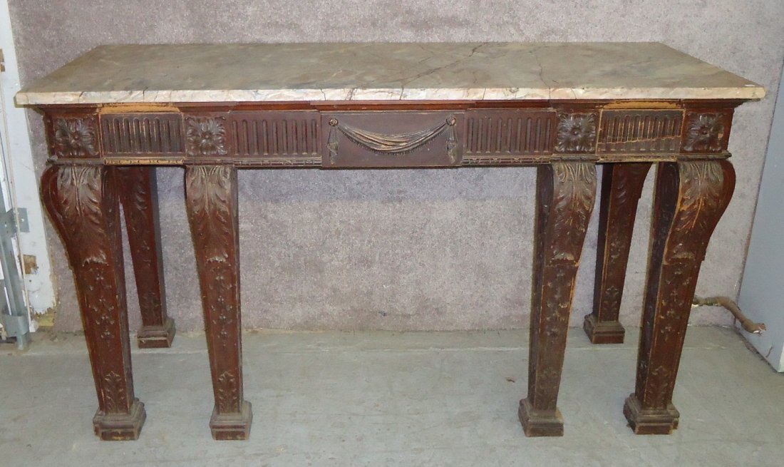 ORNATELY CARVED WALNUT PIER TABLE: WITH MARBLE TOP BY IRVING & CASSON (NEEDS SOME TLC)