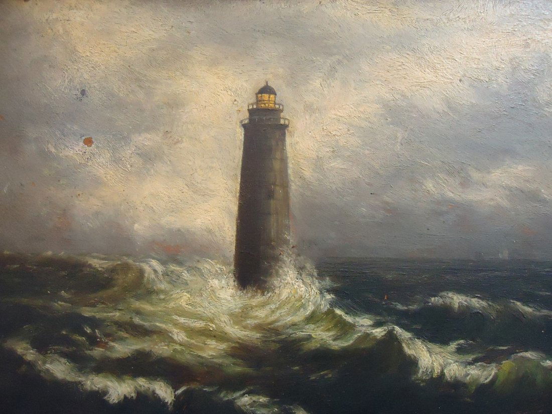 OIL PAINTING ON PANEL OF MINOT LIGHT: UNSIGNED BUT DONE IN THE STYLE OF CLEMENT DREW; 9" X 16"