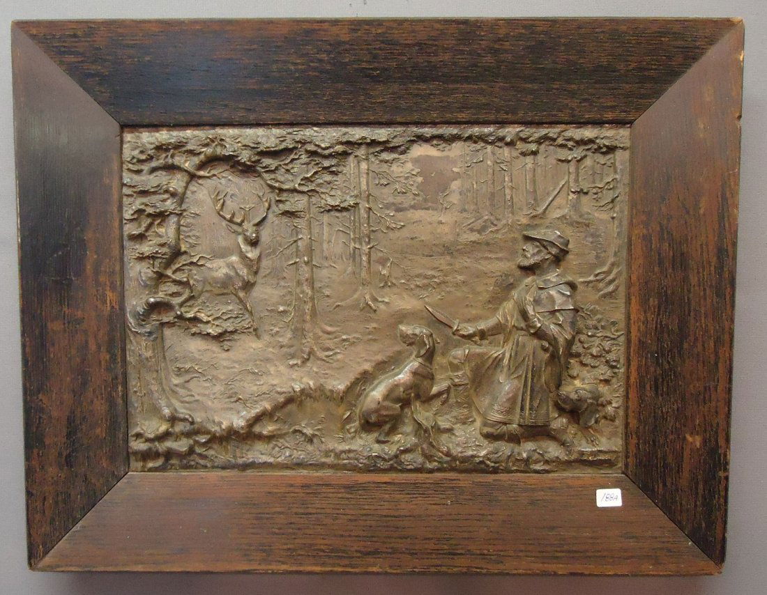 GERMAN BRONZE RELIEF PLAQUE: WITH SCENE OF HUNTER, HOUNDS AND STAG; BY SCULPTOR FRITZ DILLER (GERMAN 1875-1945); SIGHT 10 1/4" X 14 3/4"
