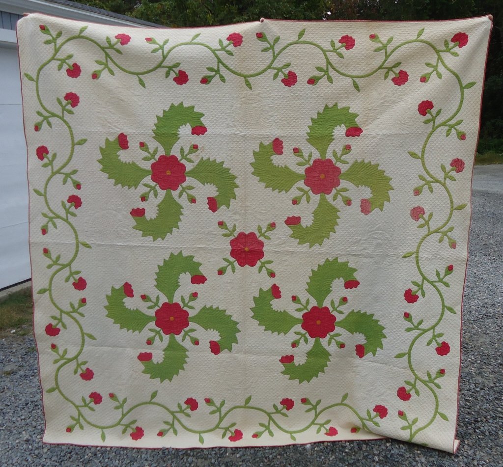 MID 19TH C. HANDSEWN APPLIQUE QUILT: - ROSE OF SHARON WITH PLUMES; 86" X 86"; SIGNED AND DATED "HULDAH CAROLINE DEAT, AGED 82 -- 1859"; WITH A 1993 APPRAISAL FROM THE AMERICAN QUILTER'S SOCIETY