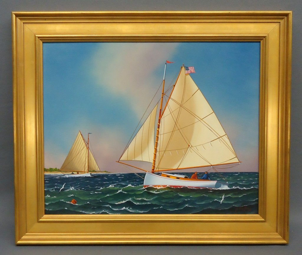 JEROME HOWES OIL PAINTING ON MASONITE: OF CAPE COD CATBOATS (AMERICAN 20TH C.); 16" X 20"
