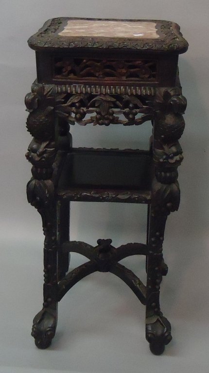 CHINESE CARVED ROSEWOOD 2 TIER STAND: WITH INSET ROSE MARBLE TOP; NOTE THE CARVED FROG ON STRETCHER; 14" X 14" X 32"