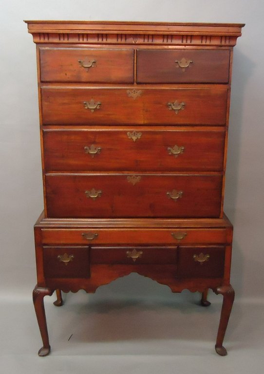 QUEEN ANNE CHERRY & WALNUT HIGHBOY: - TWO PART; 39" X 21" 68 1/2"