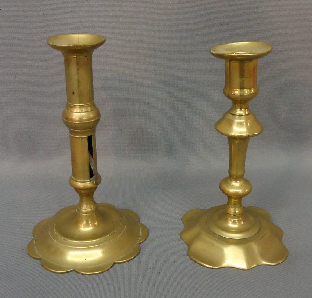TWO QUEEN ANNE PERIOD BRASS CANDLESTICKS: BOTH 7" TALL