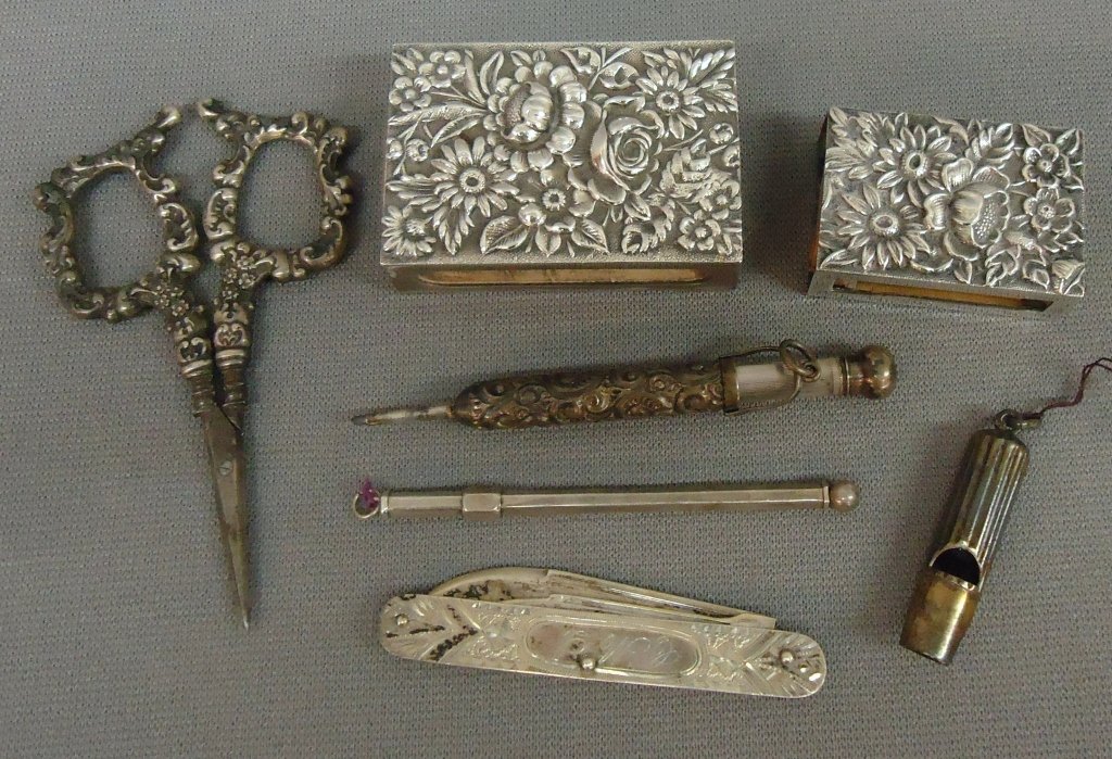 LOT OF SILVER TREASURES: INCL. KIRK STERLING MATCHBOX HOLDERS, STERLING PEN KNIFE, MARTINI STIRRER, SEWING SCISSOR & MORE; WEIGHABLE SILVER IS 2.7 OZT.