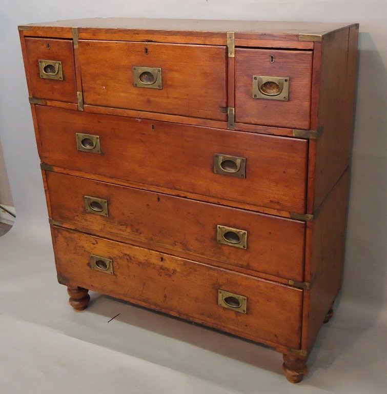 19TH C. CAMPHORWOOD CAMPAIGN CHEST: IN TWO PARTS; BRASS TRIMMED AND TURNED FEET; 40" X 17 1/2" X 44"