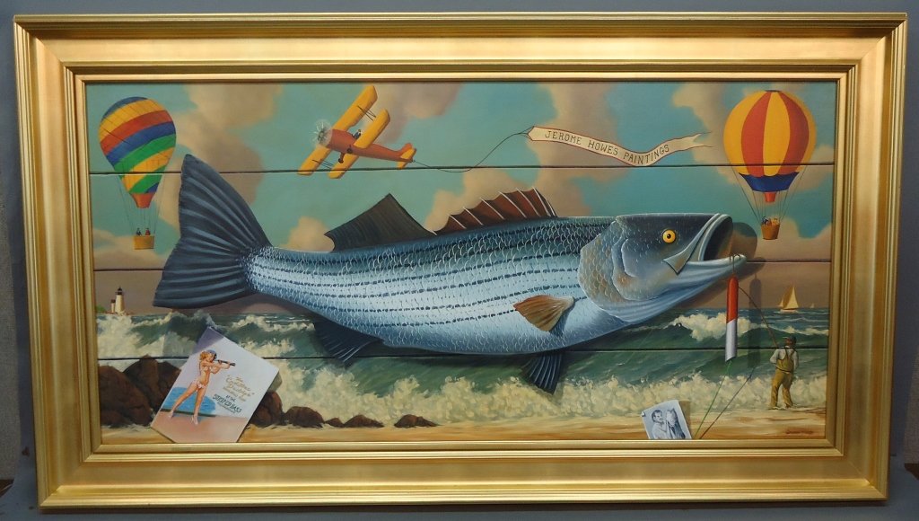 JEROME HOWES OIL PAINTING ON MASONITE: WHIMSICAL THEME OF A STRIPED BASS & COASTAL FUN (AMERICAN 20TH C.); 24" X 48"
