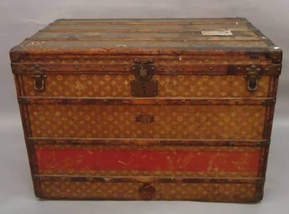 LOUIS VUITTON STEAMER TRUNK: WITH 3 INTERIOR TRAYS; TOP TRAY WITH FITTED COMPARTMENTS; 39 1/2"W, 23 1/4"D, 28"H