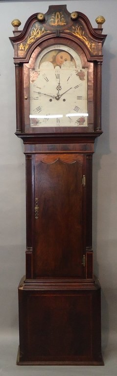 19TH C. ENGLISH MAHOGANY CASE TALL CLOCK: BY WALKER OF LIVERPOOL; CHINOISERIE DECORATED PEDIMENT; WORKS ARE MARKED 'OSBORNE'; 88" TALL