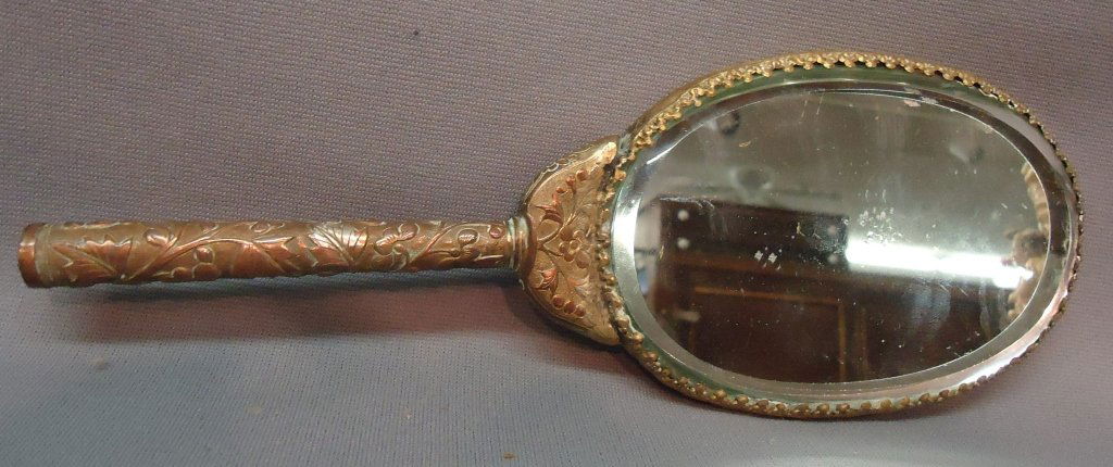 CHINESE HAND MIRROR: WITH METALWORK HANDLE & RIM; BACK IS SET WITH SEMI-PRECIOUS STONES
