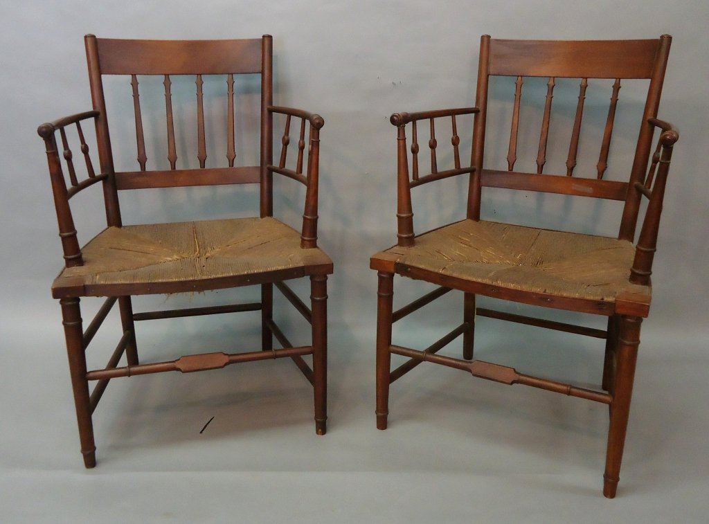 PAIR OF SHERATON RUSH SEAT ARMCHAIRS