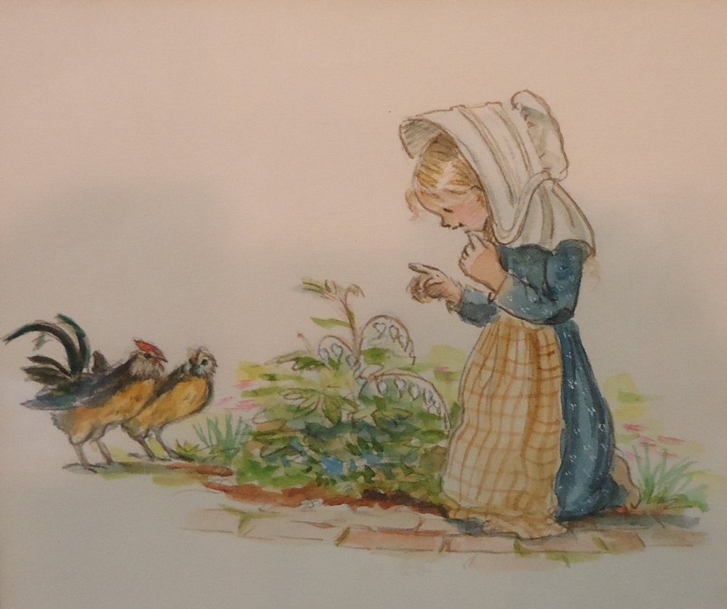 TASHA TUDOR WATERCOLOR ILLUSTRATION: OF A GIRL WITH CHICKENS; (AMERICAN 1915 - 2008); SIGNATURE ON THE BOTTOM IS VERY FAINT, ALMOST ILLEGIBLE; 7 1/4" X 5"