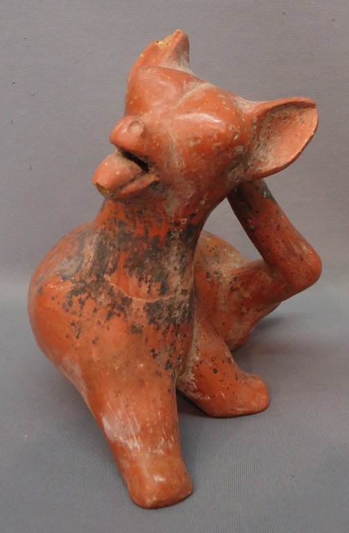 UNUSAUAL MEXICAN REDWARE FIGURINE OF A COYOTE;: 8" TALL X 9" LONG (CHIP TO TAIL & EAR)