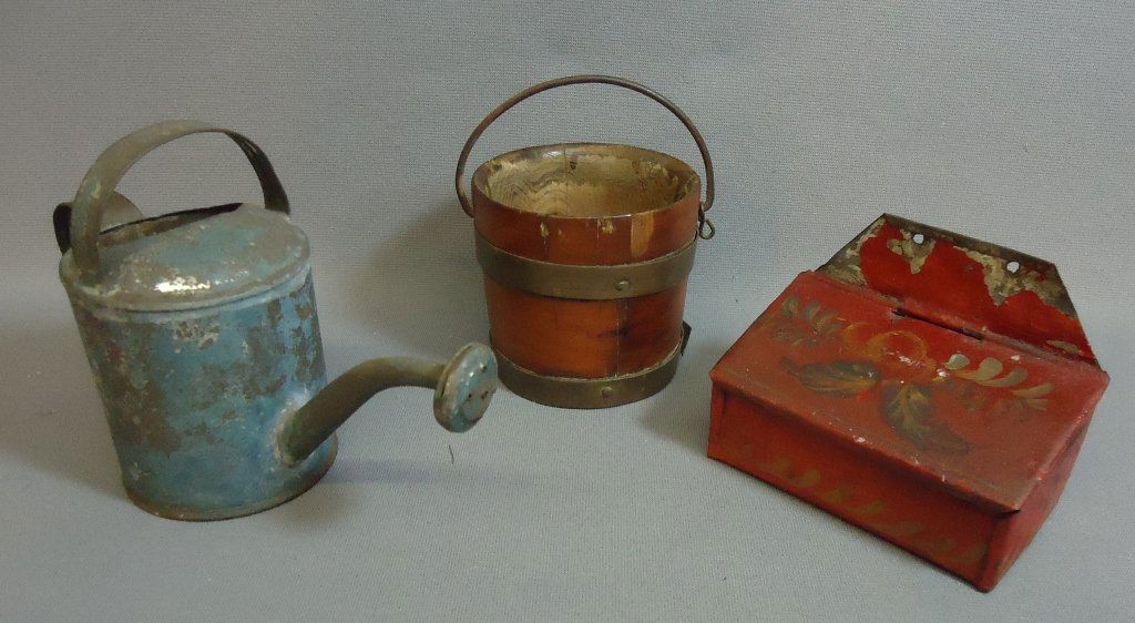 GROUP OF THREE MINIATURES: 4 1/2 "H TIN WATERING CAN IN BLUE, 3"H TREEN WARE BUCKET & 4 1/4"W TOLE MATCH BOX