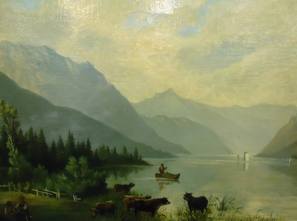 HUDSON RIVER SCHOOL OIL PAINTING ON BOARD: WITH CATTLE ON LAKESHORE & DISTANT PEAKS; 17 1/2" X 25"