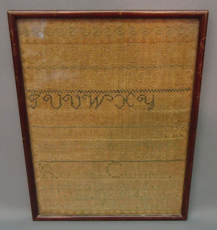 1814 AMERICAN SCHOOLGIRL ALPHABET SAMPLER: -'REBECCA CURRIER'S SAMPLER WROUGHT AUGUST THE 25TH 1814 UNDER THE CARE OF SALLY BARTLET'; 12 1/4" X 9 1/2"