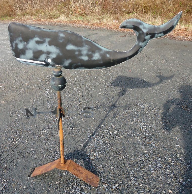 FULL BODY COPPER WHALE WEATHERVANE: WITH DIRECTIONALS AND ROOF MOUNT; 37" LONG