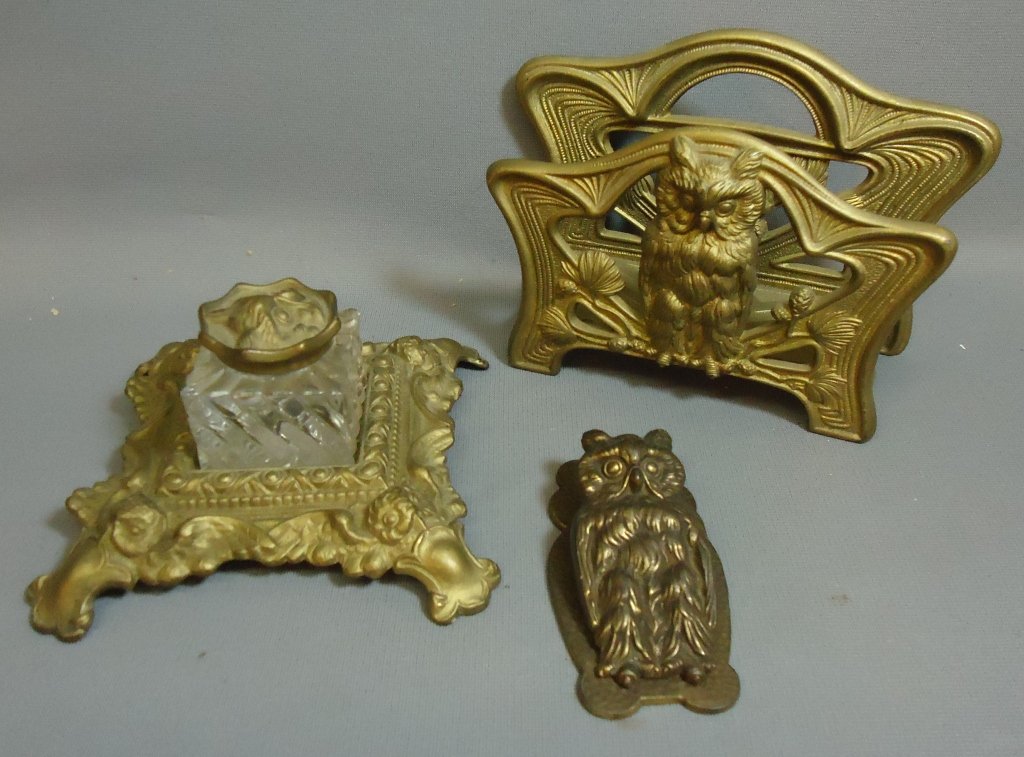 THREE CAST METAL DESK ITEMS: ALL WITH OWL MOTIF - INKWELL, PAPER CLIP & LETTER RACK