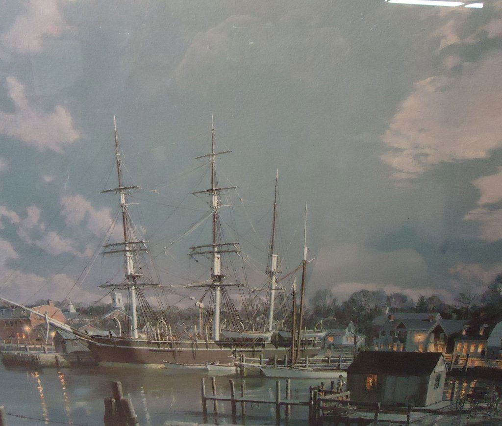 JOHN STOBART PENCIL SIGNED PRINT: - 'THE CHARLES W. MORGAN AT CHUBBS WHARF BY MOONLIGHT; 19 1/2" X 29" SIGHT; #4064/6141
