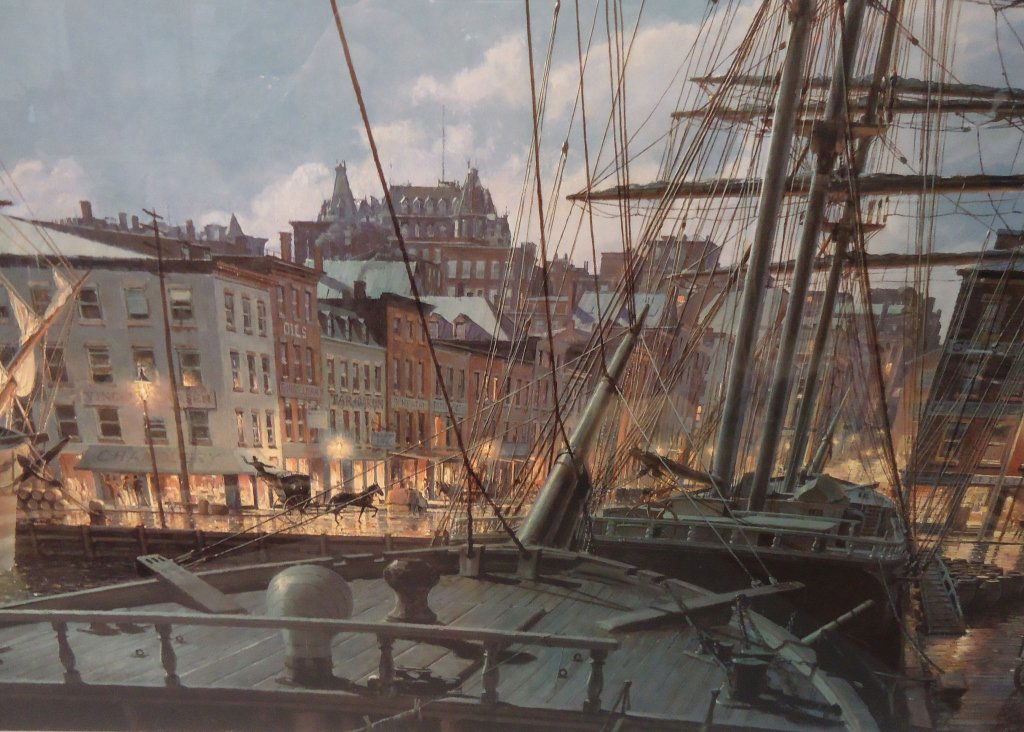 JOHN STOBART PENCIL SIGNED PRINT: NEW YORK, 'MAIDEN LANE BY GASLIGHT FROM A SHIP AT PIER 19 IN 1882'; 23 1/2" X 32 1/2"; # 841/1500