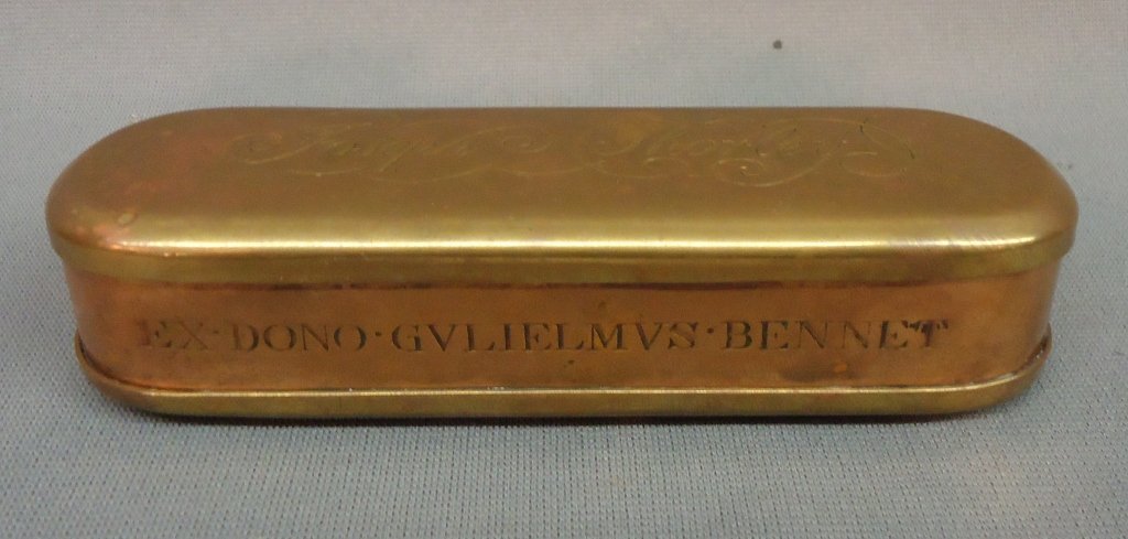 EARLY 19TH C. BRASS AND COPPER SNUFF BOX: ENGRAVED FOR JOSEPH SHORLEY; 6" X 2" X 1 1/2"