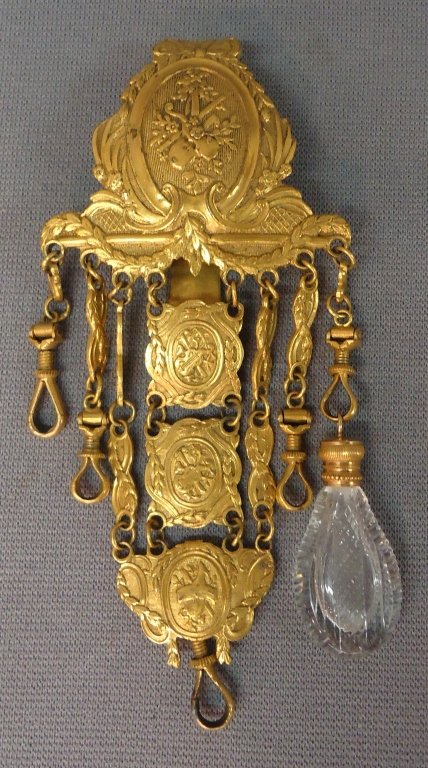 VICTORIAN GOLD FILL CHATELAINE: WITH CRYSTAL SCENT BOTTLE