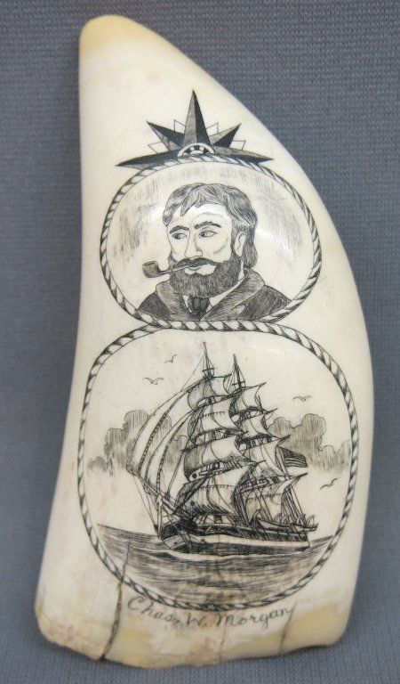 SCRIMSHAWED WHALE'S TOOTH BY RAYMOND MARTIN: THE WHALING BARK CHARLES W. MORGAN WITH HARBOR SCENE ON VERSO; 5 1/2"; MASSCHUSETTS BUYERS ONLY