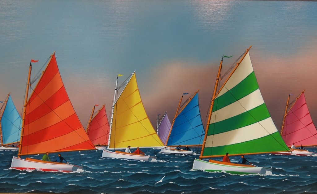 JEROME HOWES OIL PAINTING ON BOARD: THE RAINBOW FLEET OFF NANTUCKET; 12" X 24"; 20TH C. AMERICAN