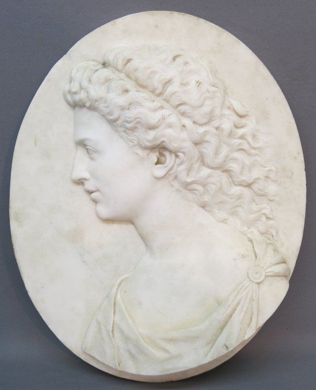 CARVED MARBLE PLAQUE BY WM. GREENE TURNER: A WOMAN IN PROFILE; 19 1/2" X 15"