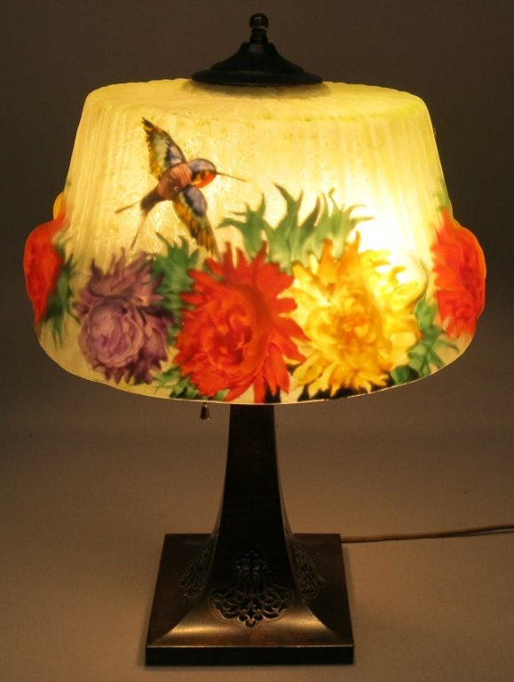 SIGNED PAIRPOINT REVERSE PAINTED PUFFY LAMP: WITH FLOWERS AND HUMMINGBIRD; BASE MARKED PAIRPOINT MFG CO 3086; 20" TALL; SHADE MEASURES 13 1/2" IN DIAMETER