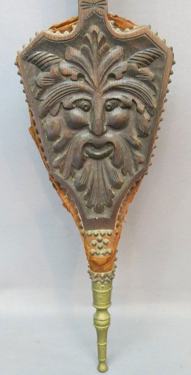 ENGLISH CARVED OAK BELLOWS: WITH 'GREEN MAN' FACE; 45 1/4" LONG