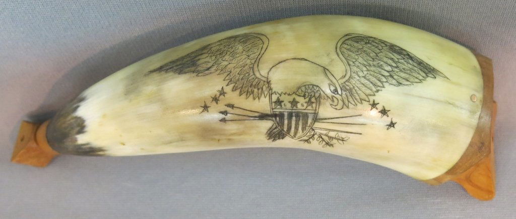 SCRIMSHAW POWDERHORN BY J.R. LAUBIN: UNSIGNED; APPROX. 10" LONG