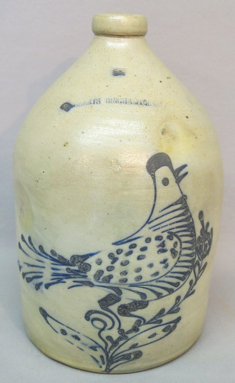 BLUE DECORATED STONEWARE 2 GALLON JUG: ROOSTER DESIGN; "ROBERTS. BINGHAMTON, NY"; 14" TALL