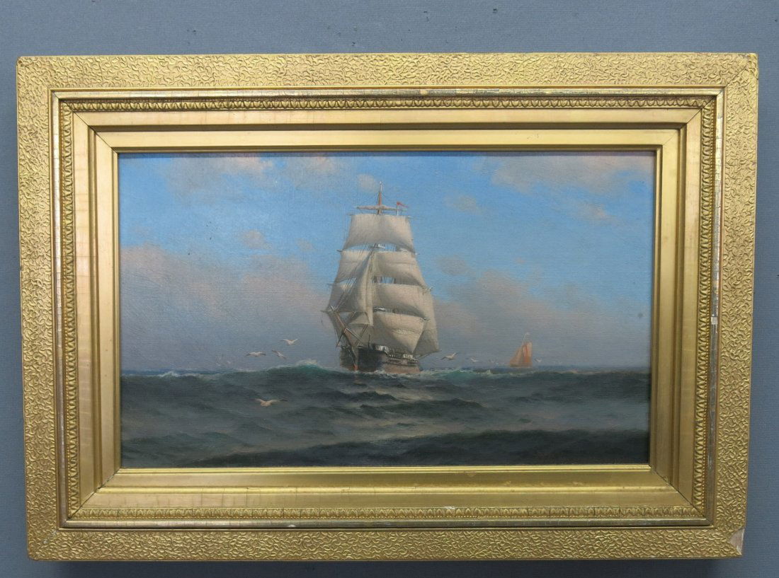 THEODORE VALENKAMPH OIL OF A SHIP AT SEA: PAINTED ON CANVAS; 9" X 15" (MASSACHUSETTS 1868-1924)