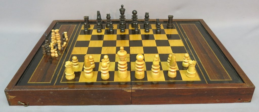 INLAID ROSEWOOD CHESS/BACKGAMMON GAME BOARD: CHESS SET MISSING ONE BLACK PAWN AND BLACK KNIGHT BASE; 28 1/2" X 20 1/2" OPEN
