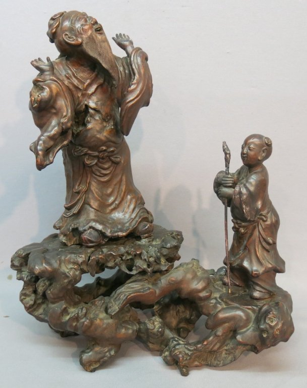 LARGE CHINESE CARVED WOOD FIGURAL GROUP: ON GNARLY ROOT BASE; WITH PLASTER ARMS/HANDS; (REPAIRED); 24" TALL