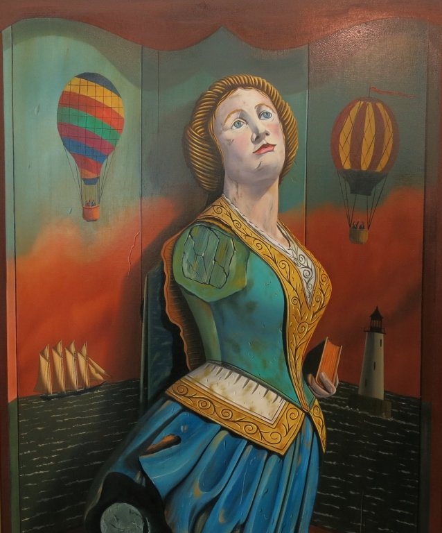 JEROME HOWES TROMPE L'OEIL: OIL PAINTING ON BOARD OF A SHIP'S FIGUREHEAD; 42" X 28"